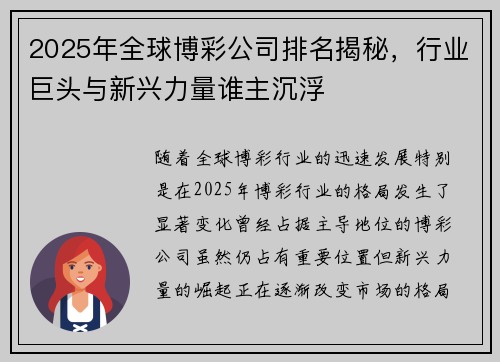 2025年全球博彩公司排名揭秘，行业巨头与新兴力量谁主沉浮